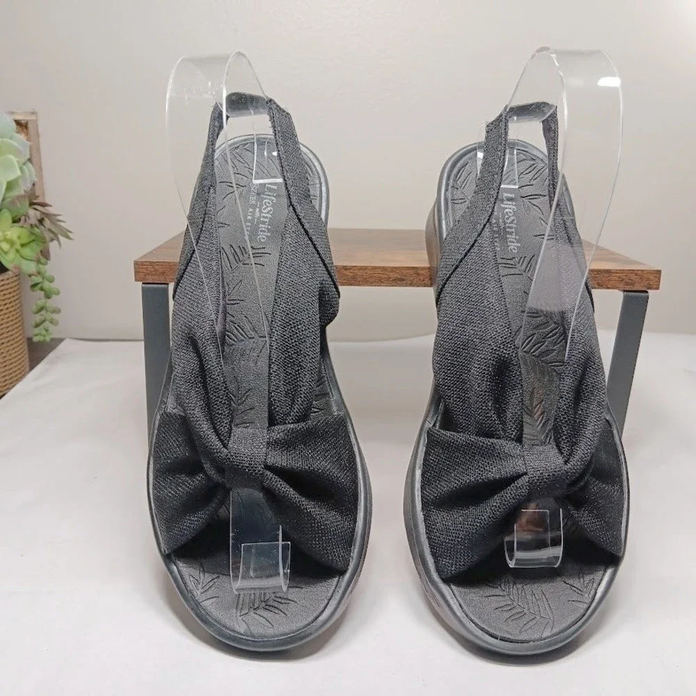 LifeStride Bzees Air Step Wedge Sandals Womens 7 Black Good Twist Knot Slingback